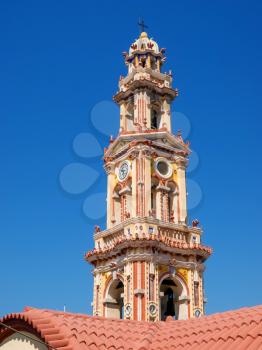 Panormitis monastery bell tower at Symi island, Greece.