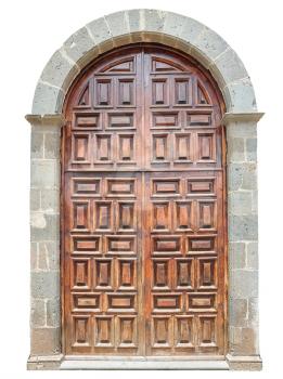 Old wooden arch door isolated on white background.