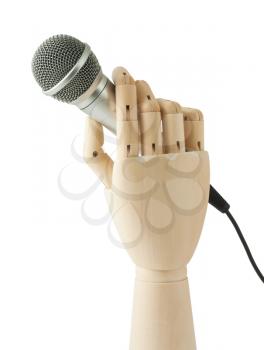 Royalty Free Photo of a Wooden Hand Holding onto a Microphone