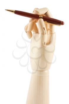 Royalty Free Photo of a Wooden Mannequin Hand Holding a Pen