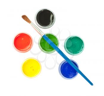 Royalty Free Photo of a Top View of Paint Cans and a Brush