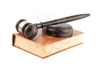 Royalty Free Photo of a Wooden Gavel and a Hardcover Book