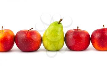 Royalty Free Photo of a Line-Up of Apples and a Pear