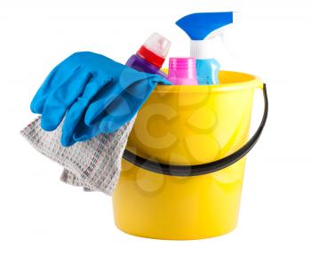 Royalty Free Photo of a Plastic Bucket with Cleaning Supplies