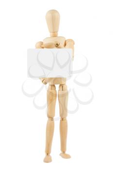 Royalty Free Photo of a Wooden Dummy Holding a Blank Card