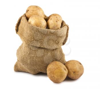 Royalty Free Photo of a Bunch of Raw Potatoes in a Burlap Sack