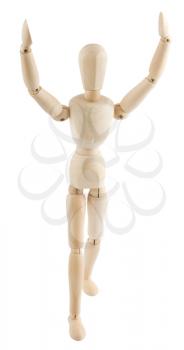 Royalty Free Photo of a Wooden Mannequin Raising it Hands