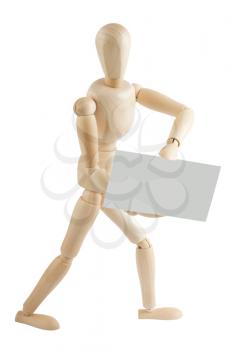 Royalty Free Photo of a Wooden Mannequin Holding a Blank Card