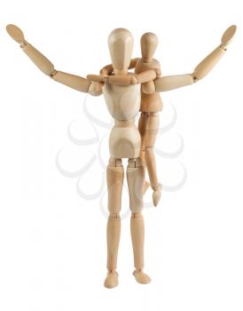 Royalty Free Photo of a Wooden Mannequin Parent and Child with Arms Raised Up