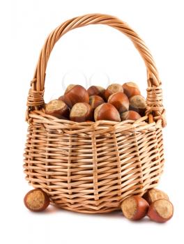 Royalty Free Photo of a Wicker Basket with a Collection of Hazelnuts