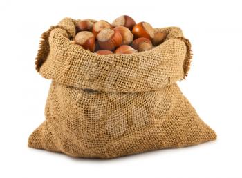 Royalty Free Photo of a Burlap Sack Full of Hazelnuts