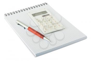 Royalty Free Photo of a Pen Calculator and a Spiral Notebook