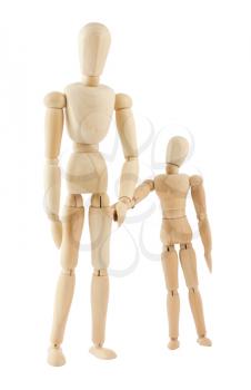 Royalty Free Photo of Wooden Mannequins Representing a Parent and Child Holding Hands 