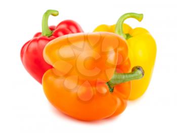 Three sweet red, orange, and yellow peppers isolated on white background