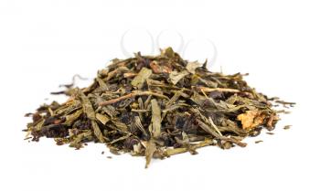 Pile of dry tea leaves isolated on white background