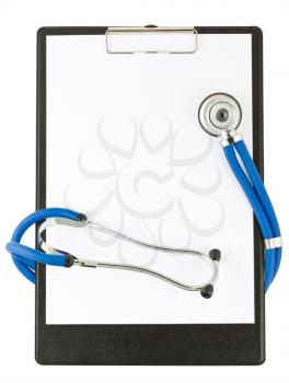 Medical stethoscope and empty clipboard on a white background