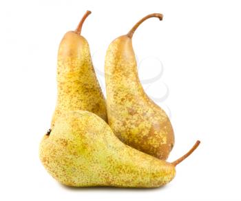 Three yellow ripe pears isolated on white background