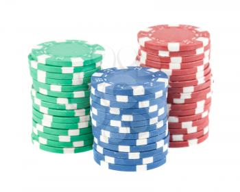 Three stacks of casino chips isolated on the white background