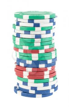 Stack of different poker chips isolated on white background