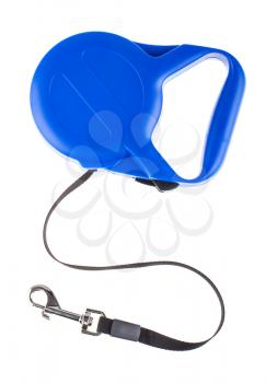 Blue retractable leash for dog top view isolated on white background