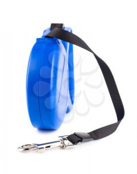 Blue retractable leash for dog isolated on white background