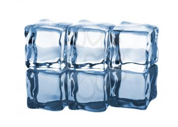 Three ice cubes in row with reflection on white background