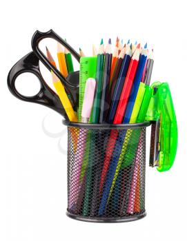 Office cup with scissors, pencils and pens isolated on white background