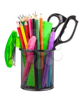 Office cup with scissors, pencils and pens isolated on white background