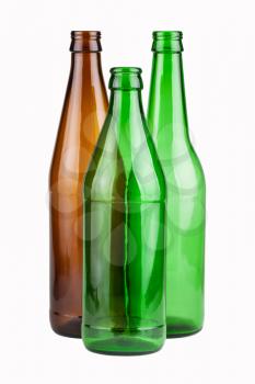Three empty unlabeled bottles isolated on white background