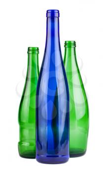 Green and blue empty bottles isolated on white background