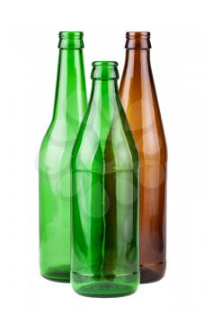 Brown and green empty bottles isolated on white background
