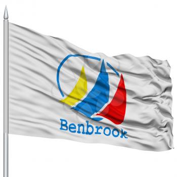 Benbrook City Flag on Flagpole, Texas State, Flying in the Wind, Isolated on White Background