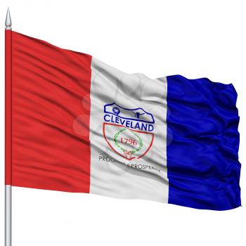 Cleveland City Flag on Flagpole, Ohio State, Flying in the Wind, Isolated on White Background