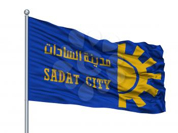 Sadat City Flag On Flagpole, Country Egypt, Isolated On White Background