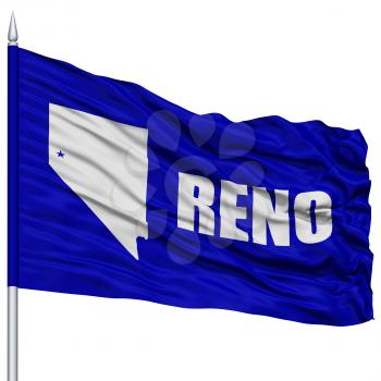 Reno City Flag on Flagpole, Nevada State, Flying in the Wind, Isolated on White Background