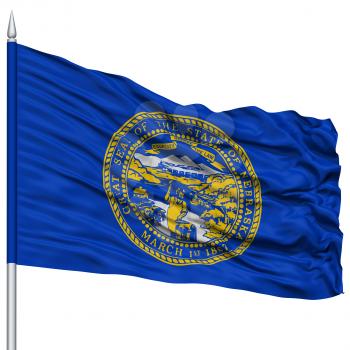 Isolated Nebraska Flag on Flagpole, USA state, Flying in the Wind, Isolated on White Background