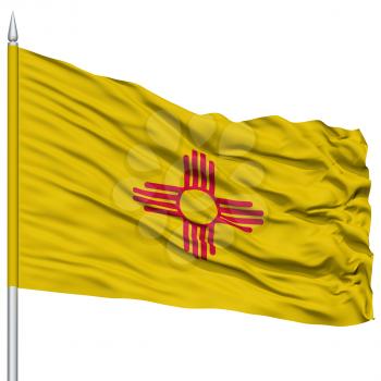 Isolated New Mexico Flag on Flagpole, USA state, Flying in the Wind, Isolated on White Background