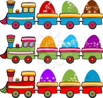 Royalty Free Clipart Image of Trains With Easter Eggs