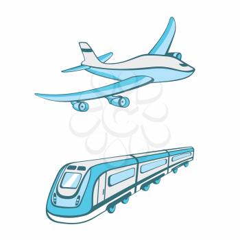 Royalty Free Clipart Image of an Airplane and a Train