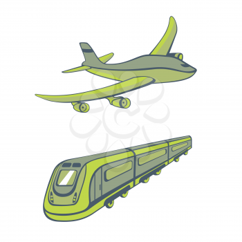 Royalty Free Clipart Image of a Train and Airplane