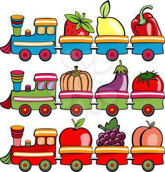 Royalty Free Clipart Image of Trains With Fruits and Veggies