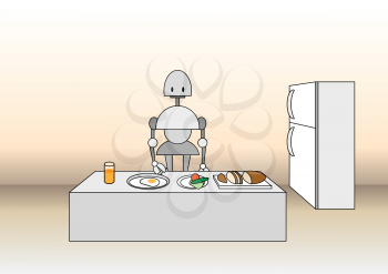 Royalty Free Clipart Image of a Robot in a Kitchen
