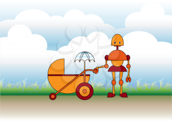 Royalty Free Clipart Image of a Robot Pushing a Stroller
