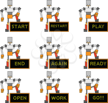 Royalty Free Clipart Image of Robots Holding Signs