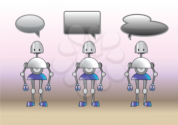Royalty Free Clipart Image of Robots With Speech Bubbles