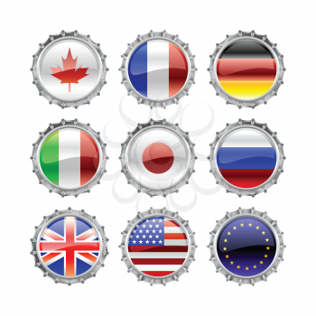 Royalty Free Clipart Image of Flags on Bottlecaps