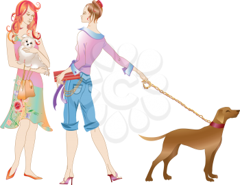 Royalty Free Clipart Image of Two Women Walking Their Dogs
