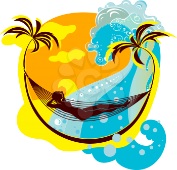 Royalty Free Clipart Image of a Woman Relaxing in a Hammock on the Beach