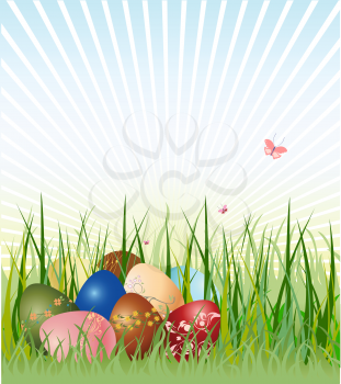 Royalty Free Clipart Image of Easter Eggs in Grass