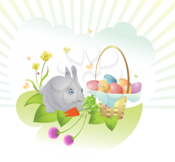 Royalty Free Clipart Image of a Bunny and Basket of Eggs
